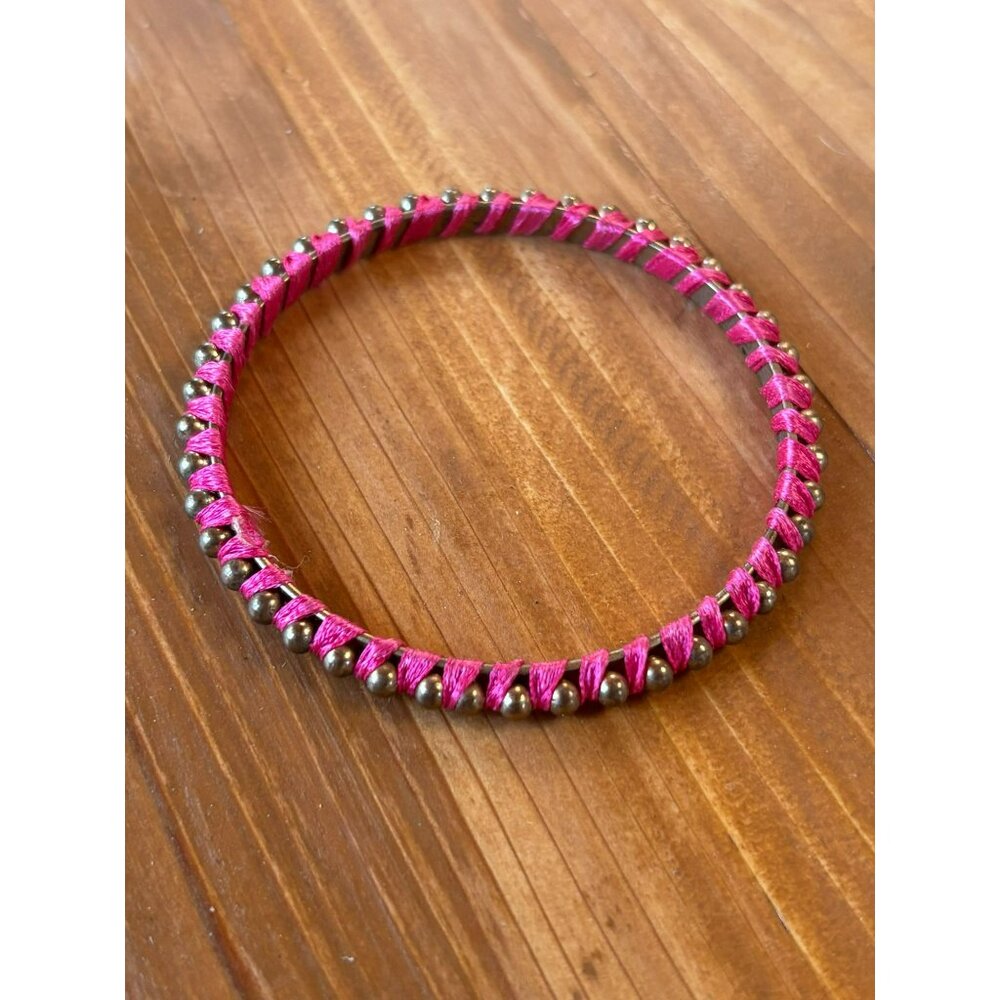 Hot Pink Woven Bangles With Silver Bead Accents - Picture 2 of 5